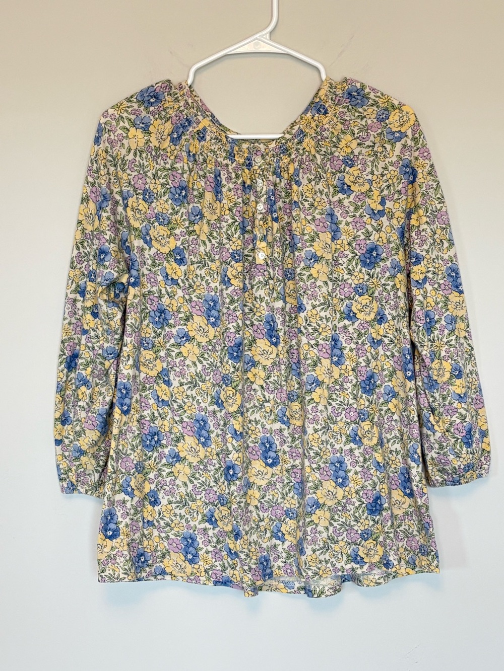 Chaps Blue Yellow Floral Smocked Neck Long Sleeve Blouse Top Size XL
